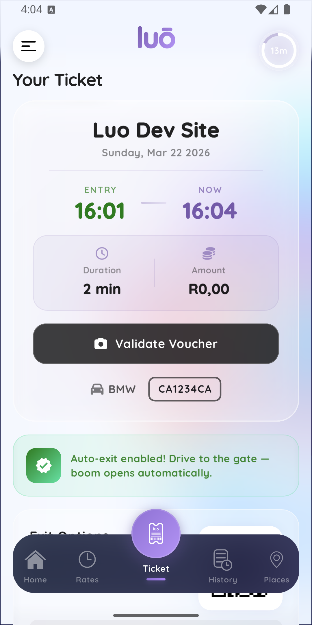 luō parking app — live ticket screen showing session duration and current charge